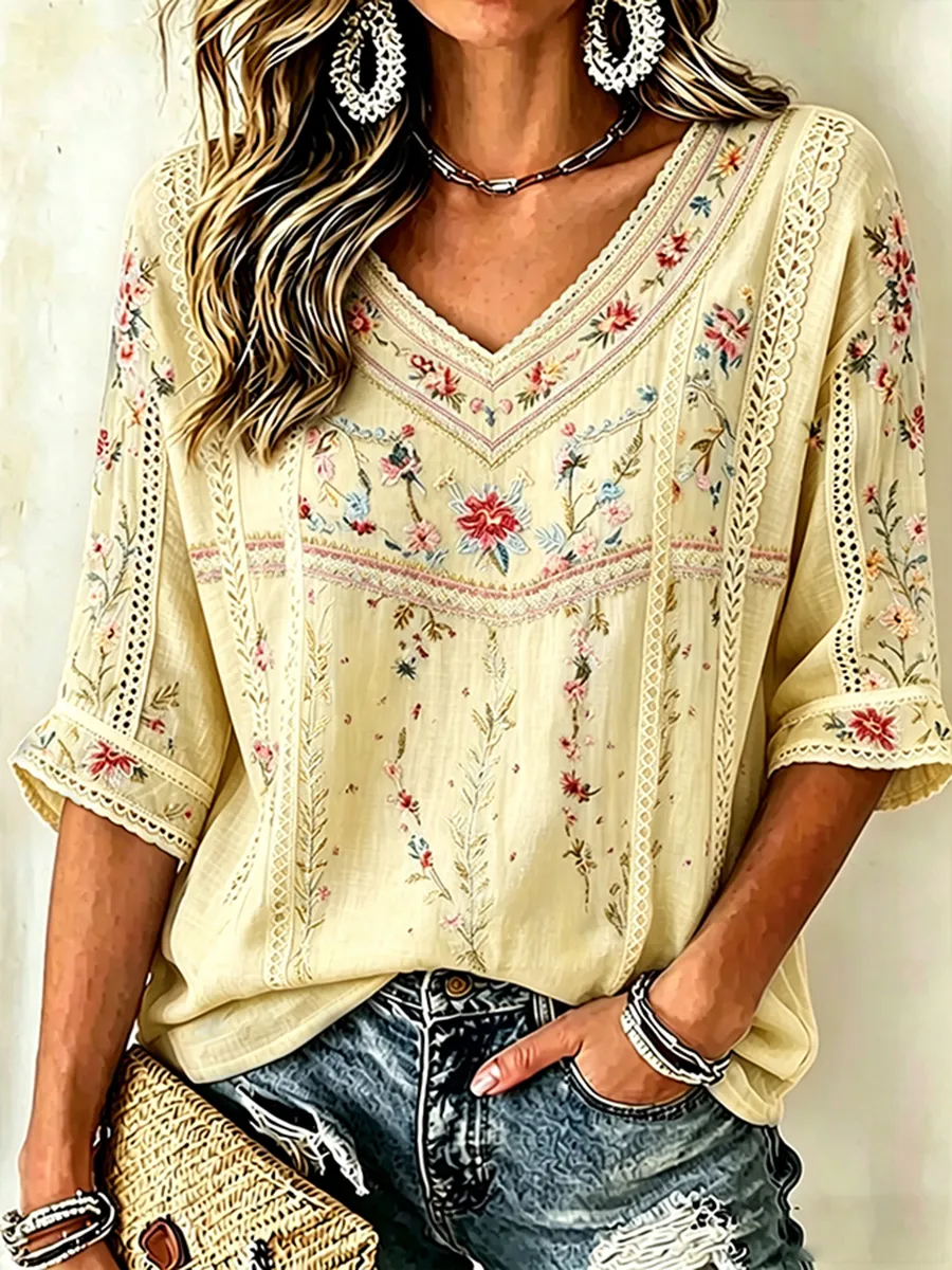 Women's Floral Embroidered Lace Trim V-Neck Blouse