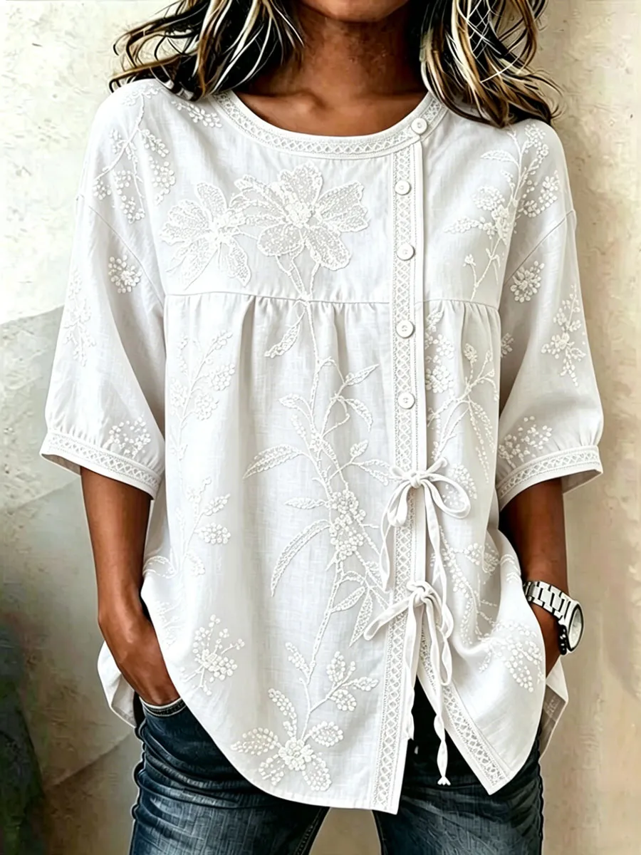 Women'S Casual Print Cotton Linen Top