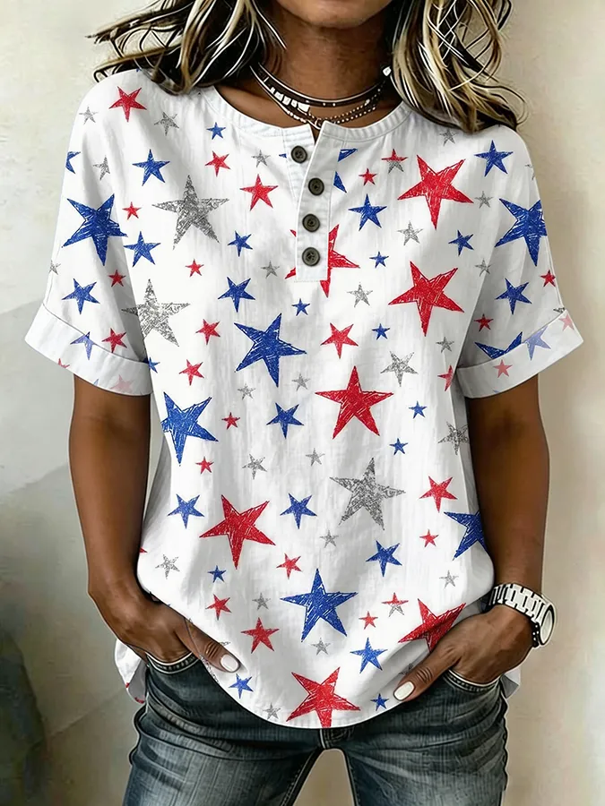 Women's Casual Patriot Cotton Linen Short-Sleeve Button-Up Shirt