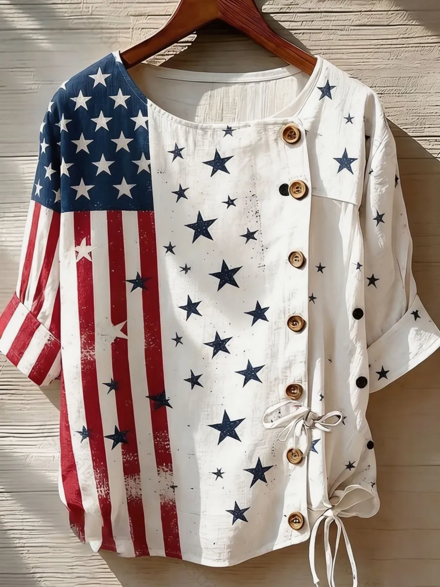Star-Stripe Print Women's Button-Down Shirt