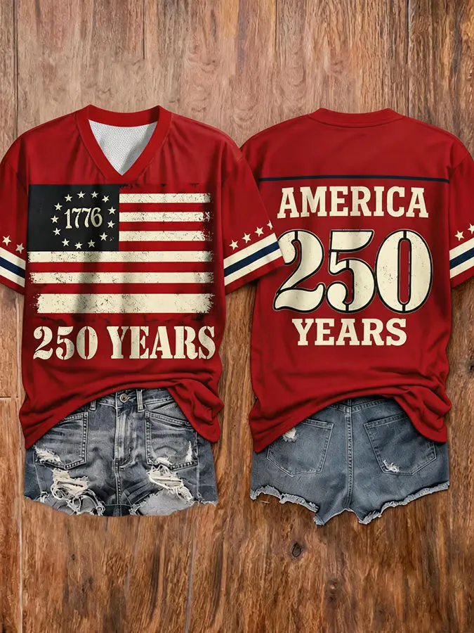 Women's America Flag Printed Casual V-neck T-shirt