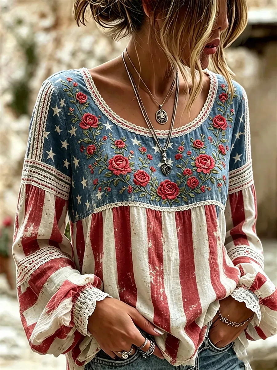 Women'S American Flag  Printed Long Sleeve Casual Shirt