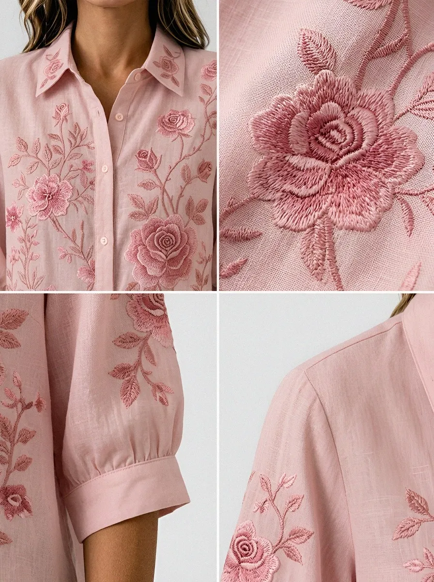 Women's Breast Cancer Awareness Pink Rose Floral Embroidered Button-up Shirt