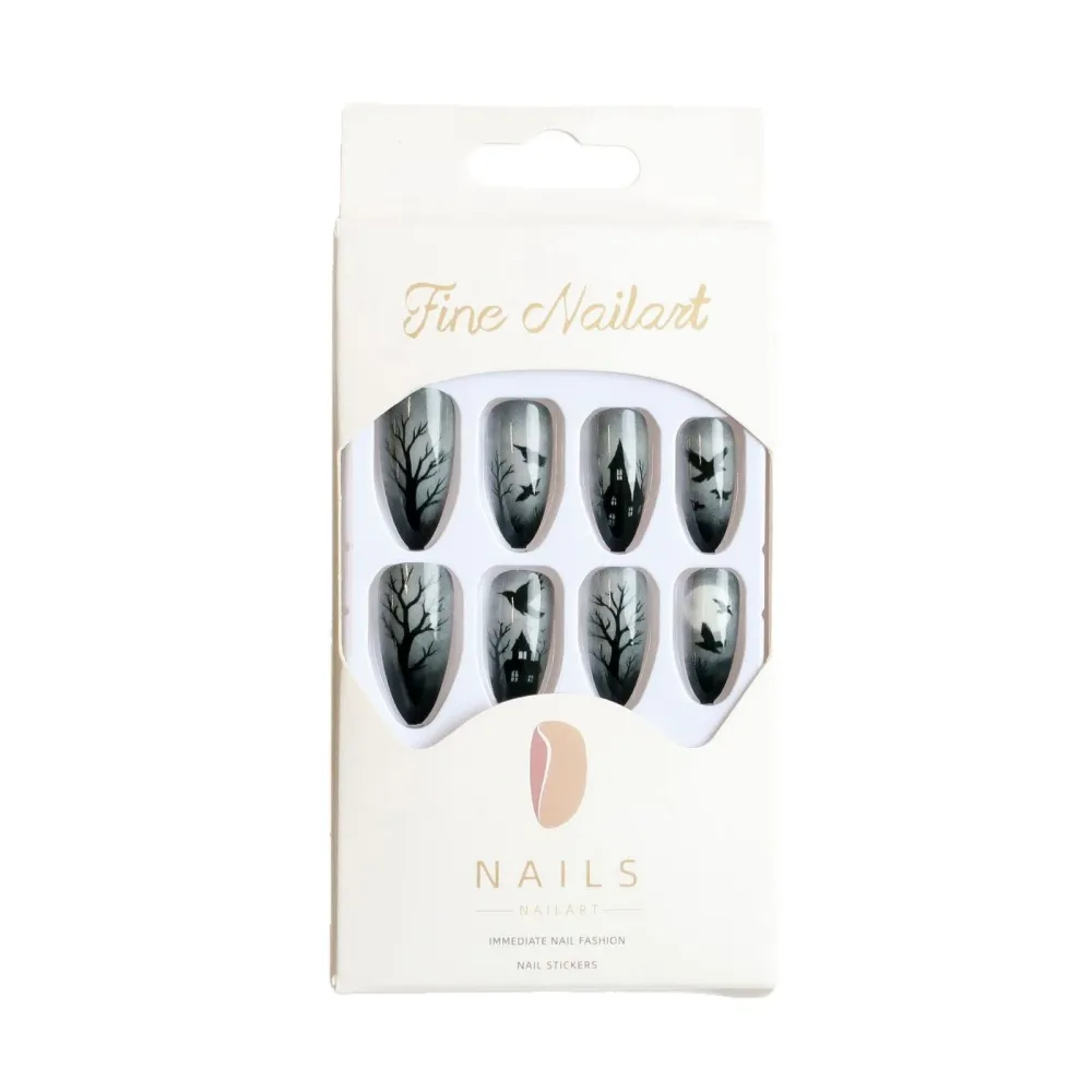 Nailhour 24Pcs Black Halloween Dark Raven Medium Almond Press On Nails