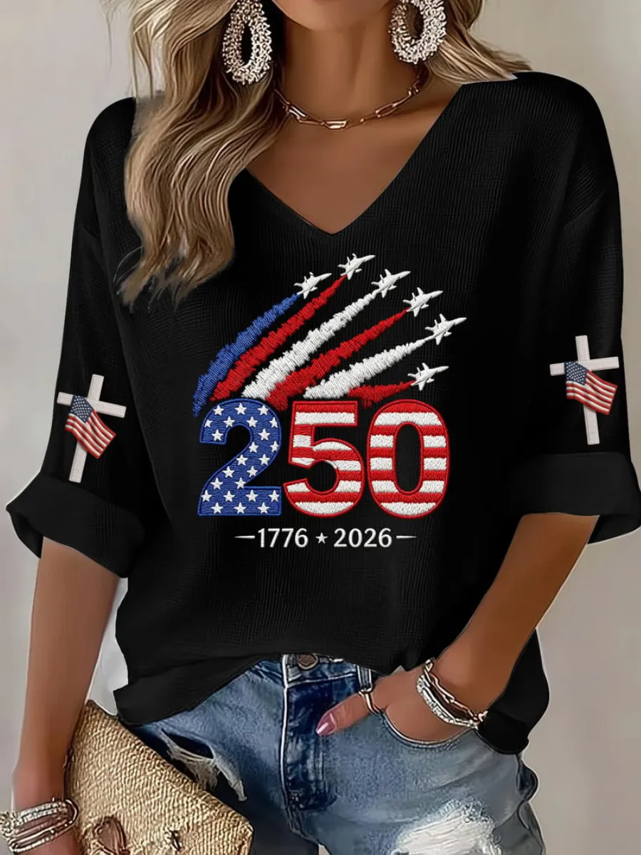 Women's 1776-2026 Anniversary Celebration Printed Half Sleeve V-Neck T-Shirt