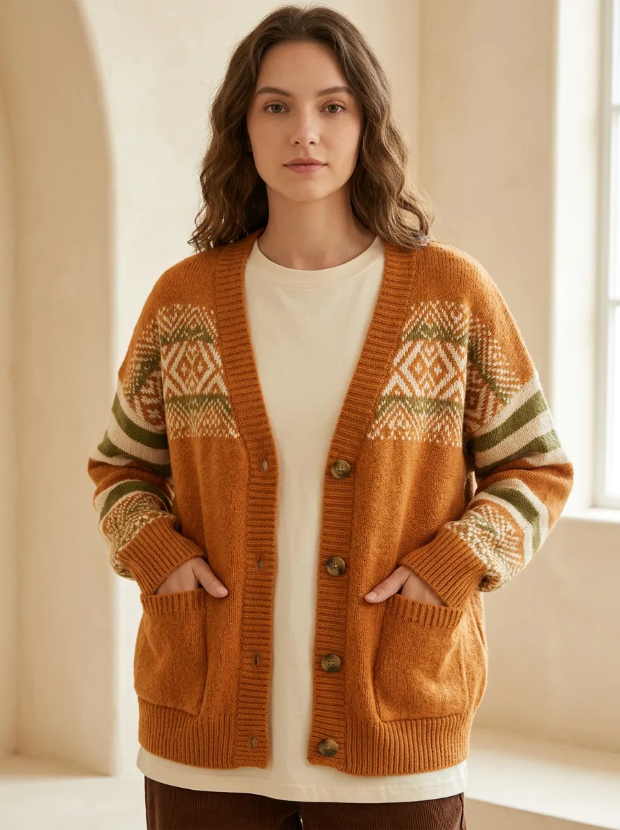 Geometric Fair Isle Pattern Patterned Women's Knit Cardigan
