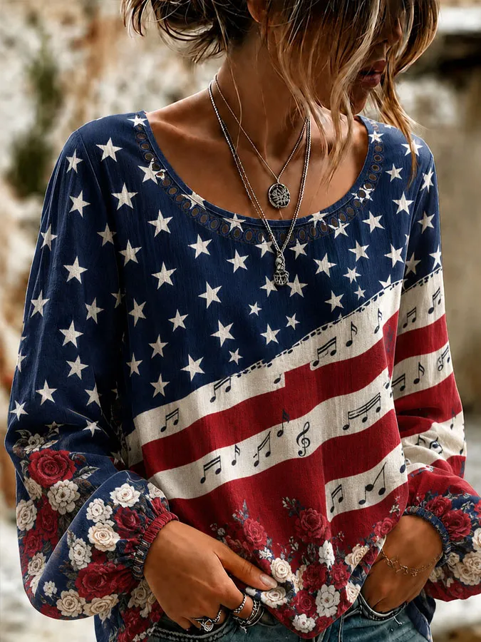 Women'S Retro Independent Floral Art Printed Long Sleeved T-Shirt