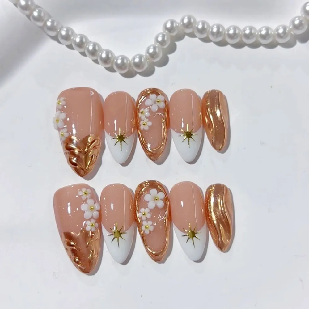Nailhour 10Pcs Nude 3D Medium Almond Cat Eye Press On Nails