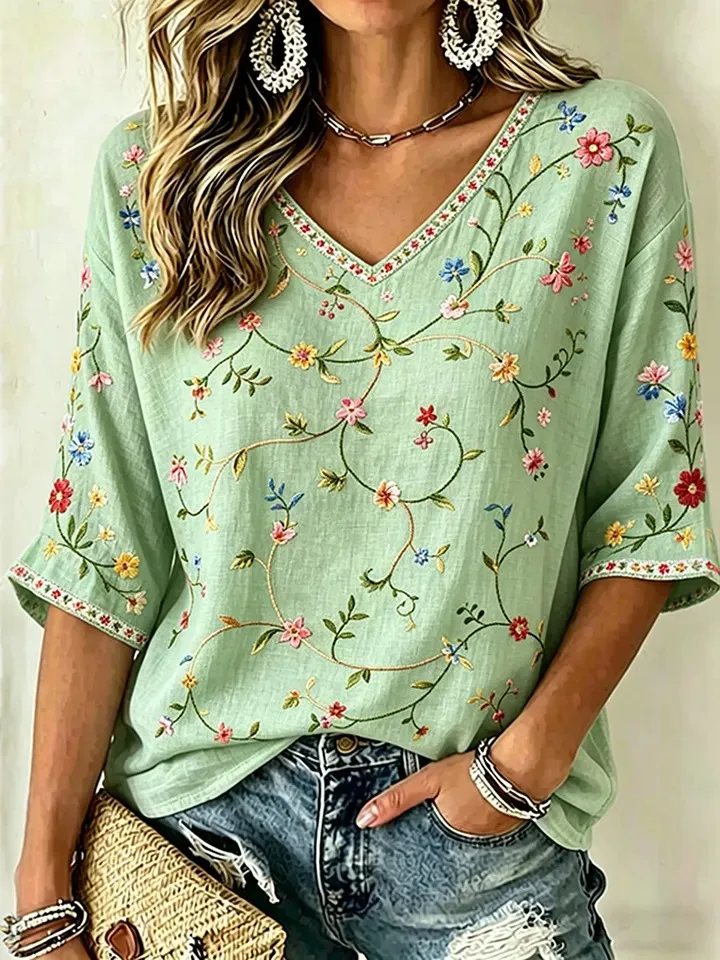 Women's Vintage Floral Art Three-quarter Sleeve Cotton Linen Top