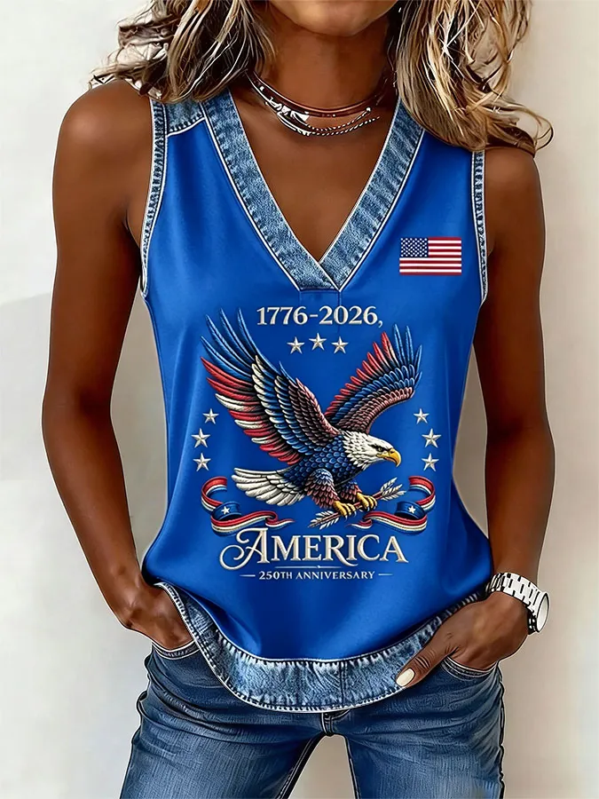 Women'S American Flag Independence Day 250Th Anniversary Printed Sleeveless Top