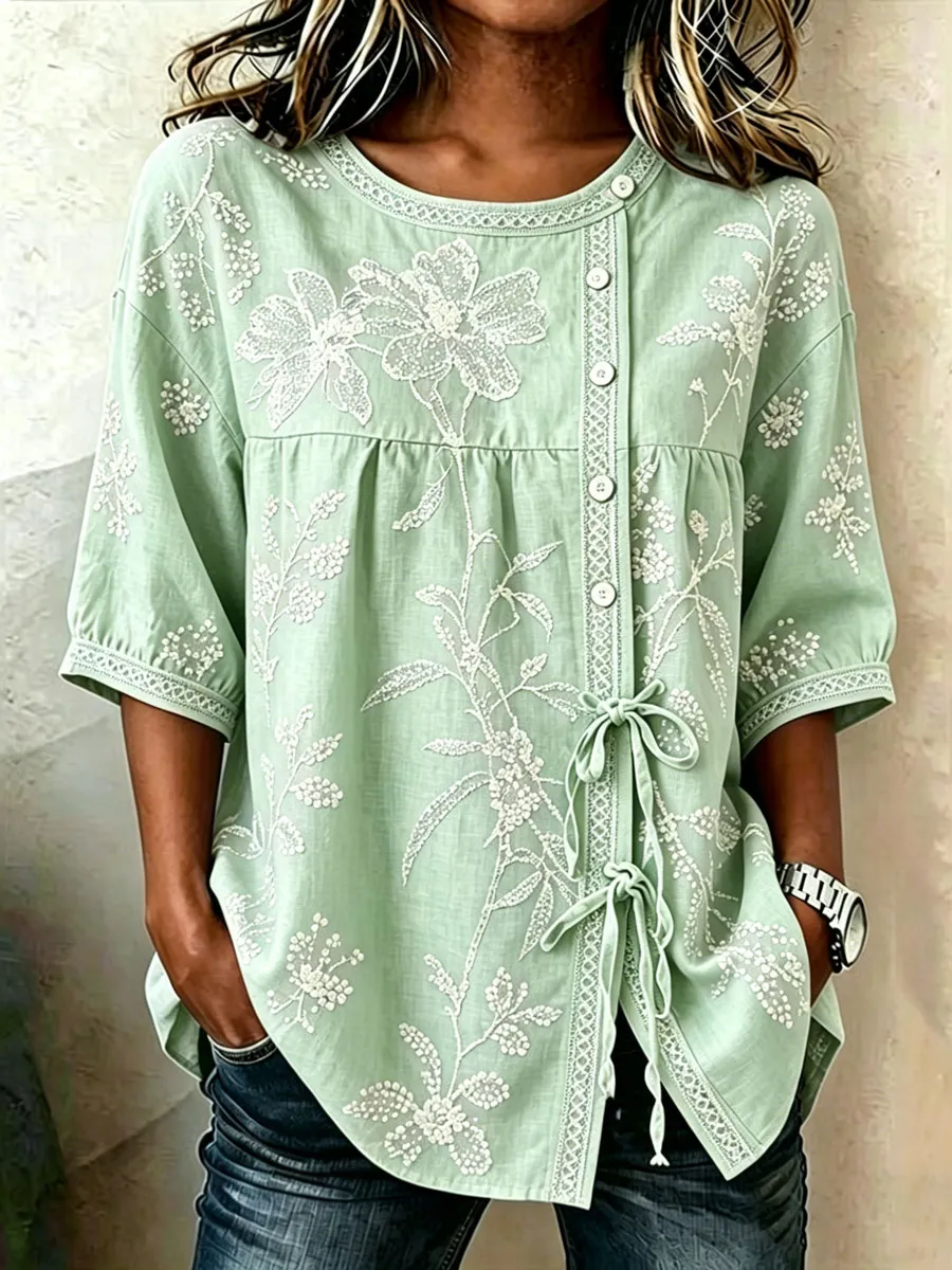 Women'S Casual Print Cotton Linen Top