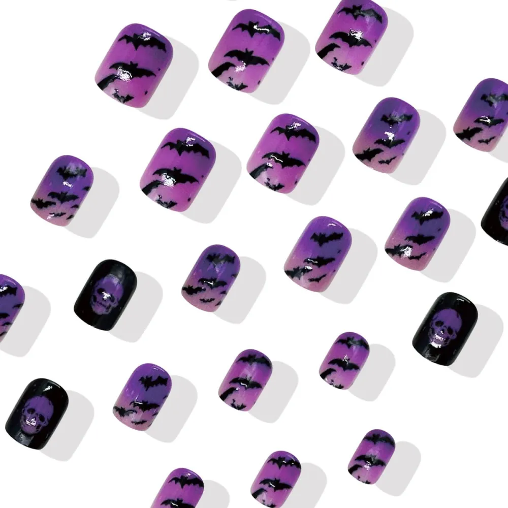 Nailhour 24Pcs Skeleton Spider Purple Halloween Short Squoval Press On Nails