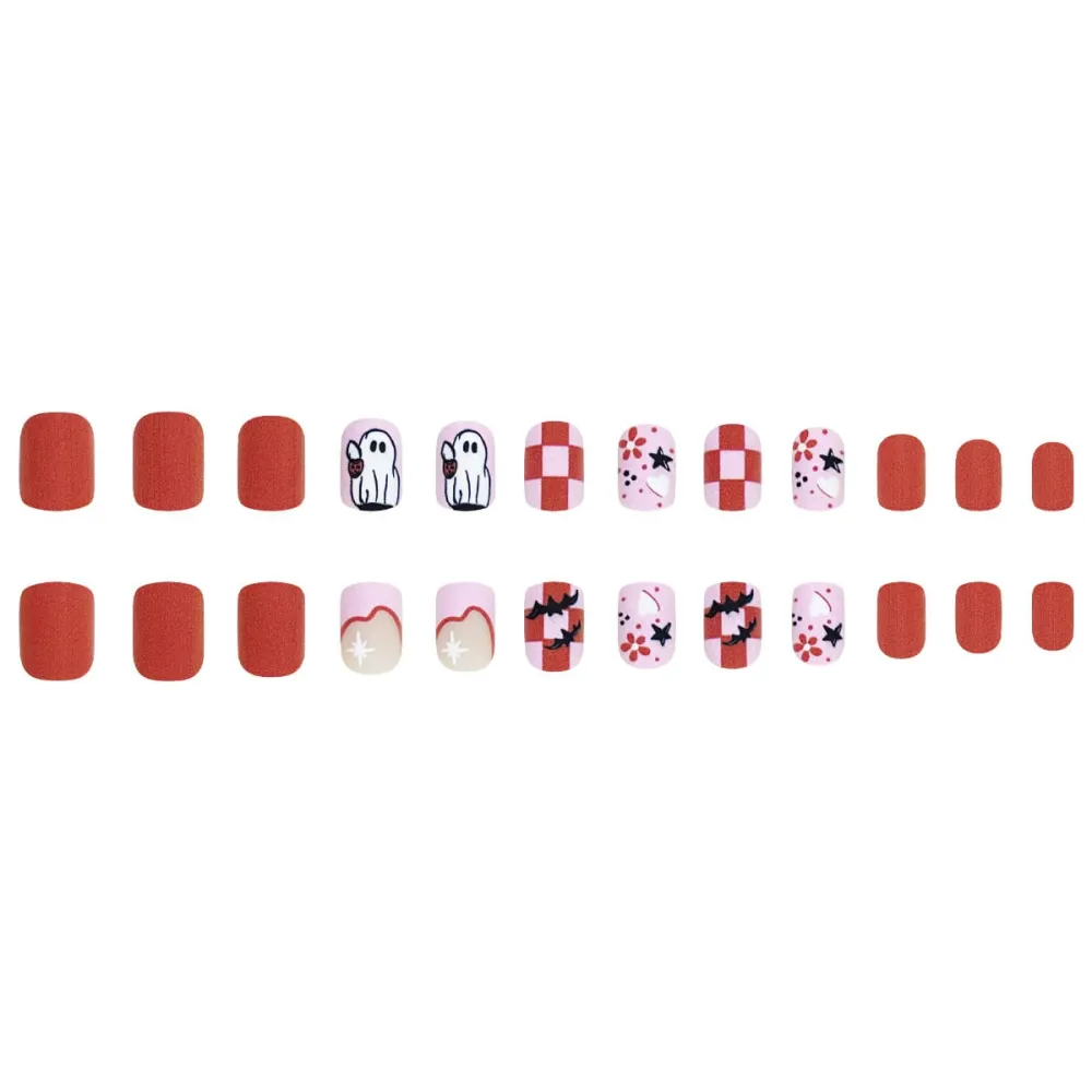 Nailhour 24Pcs Halloween Multicolor Cute Ghost Short Square Press On Nails