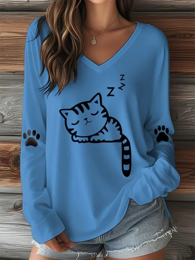 Women's T-shirt With Cute Cat Print And V-Neck And Long Sleeves