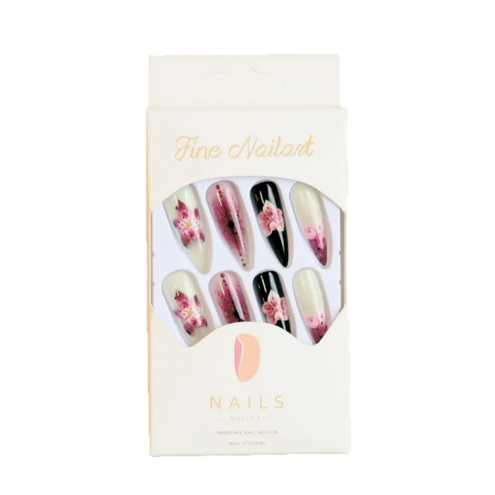 Nailhour 24Pcs Long Almond French Floral 3D Press On Nails