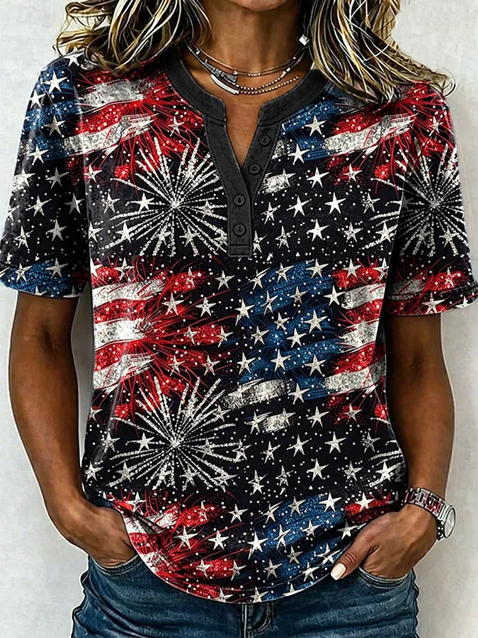 Female Leisure Patriotic Fireworks Flag Button T-Shirt