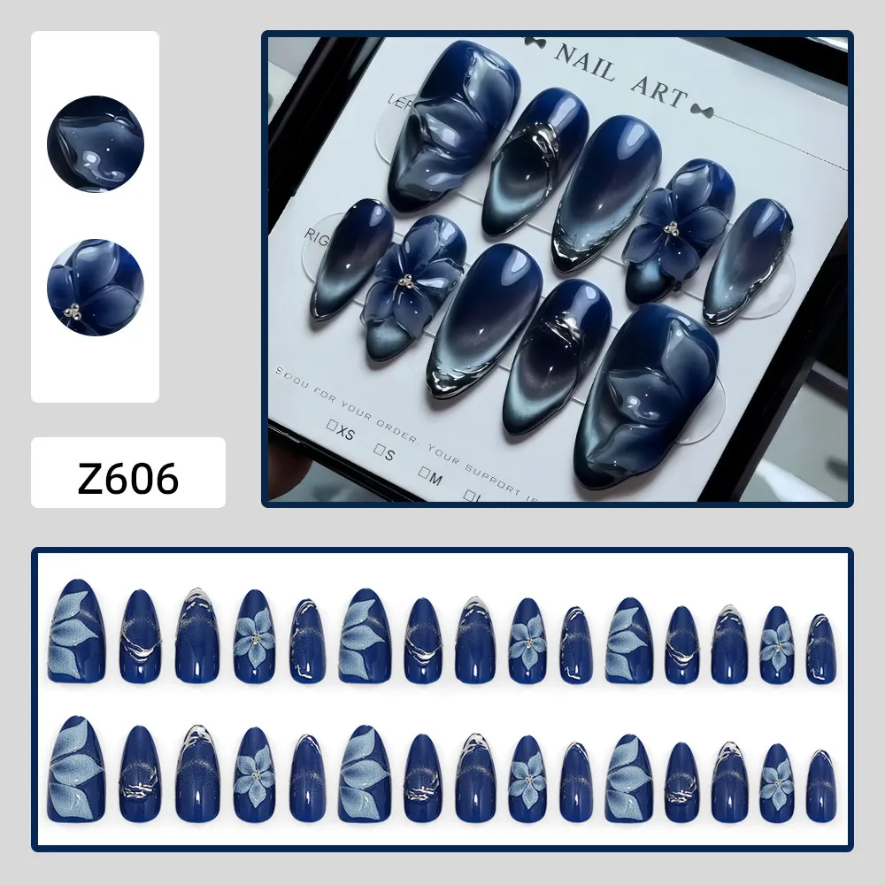 Nailhour 30Pcs Gray Blue Cat Eye Medium Almond Press On Nails