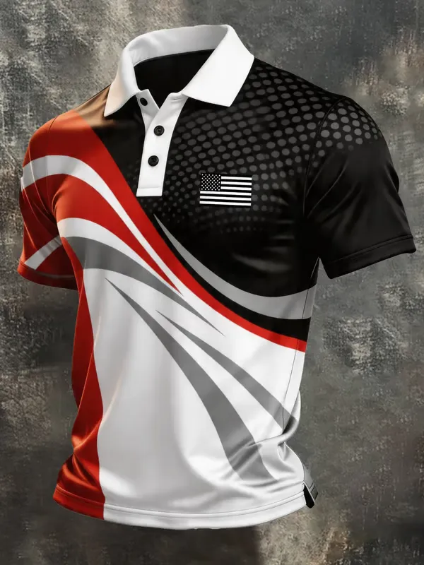 Men's Retro Patriotic Color-Block Short-Sleeve Polo Shirt