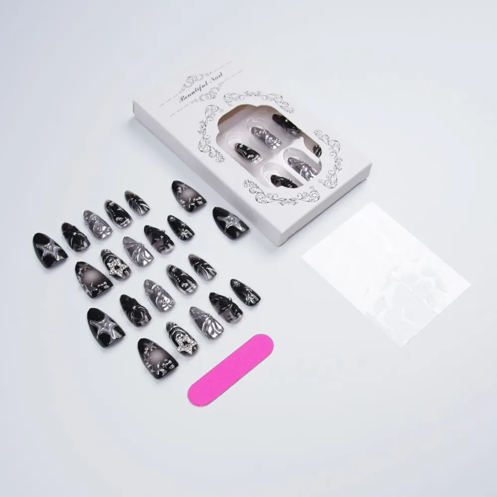 Nailhour 30Pcs 3D Gothic Y2K Floral Black Medium Almond Press On Nails