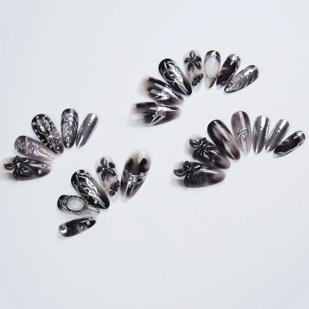 Nailhour 24Pcs Black Gothic 3D Floral Rhinestone Medium Almond Press On Nails