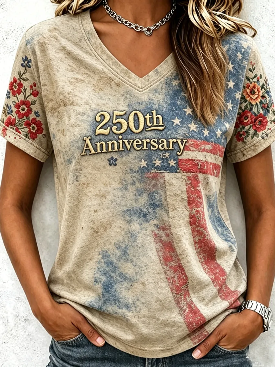 Women's casual retro American 250th anniversary commemorative T-shirt