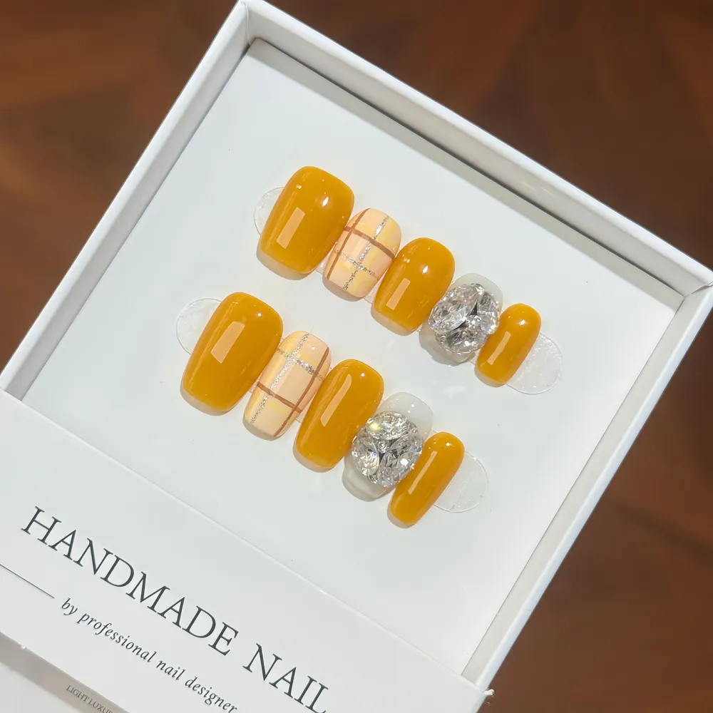 Nailhour 10Pcs Yellow Minimalist Cat Eye French Medium Square Press On Nails