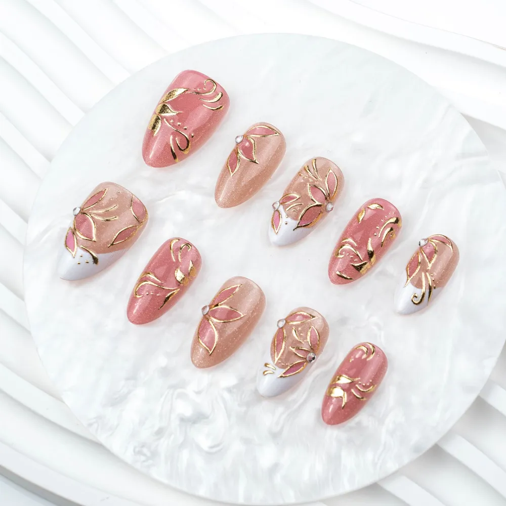Nailhour 30Pcs Floral Rhinestone Medium Almond French Cat Eye Press On Nails