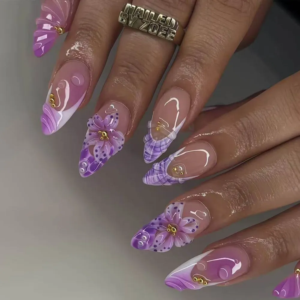 Nailhour 24Pcs French Medium Almond Purple Siren Press On Nails
