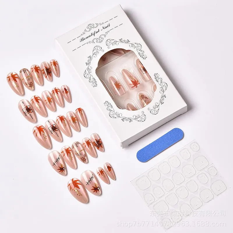 Nailhour 24Pcs Gilded Autumn Cat Eye Medium Almond Press On Nails