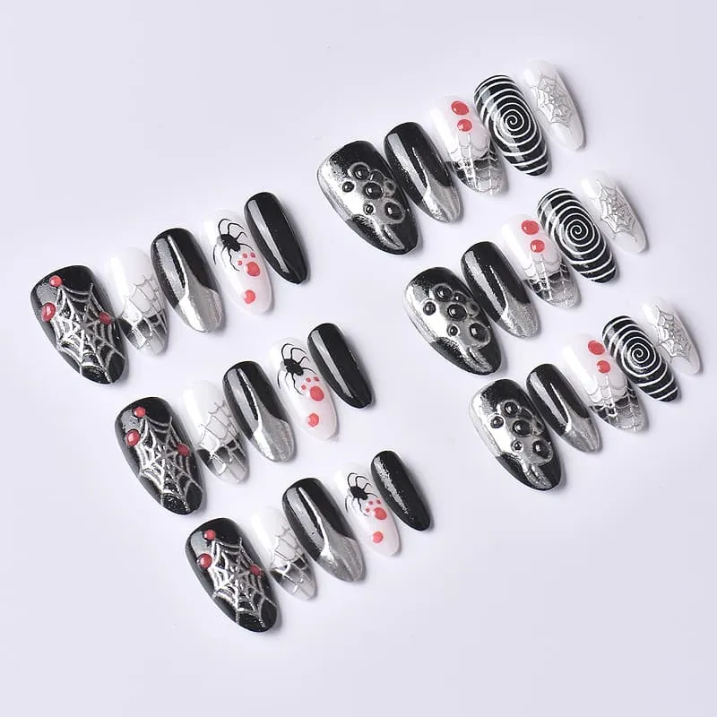 Nailhour 30Pcs Spider Halloween Gilded Black 3D Medium Almond Press On Nails