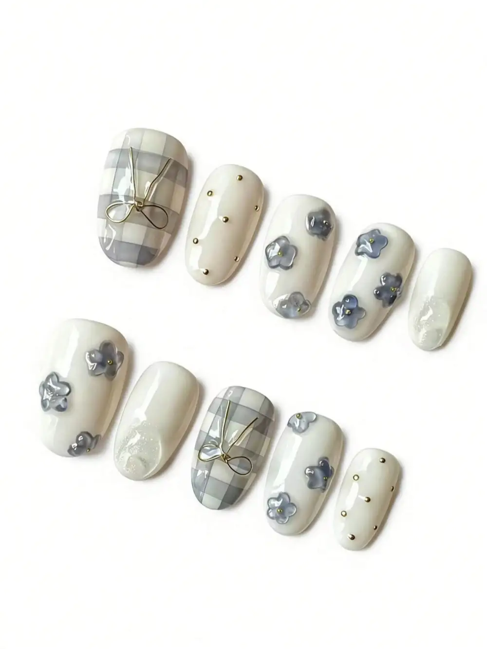 Nailhour 10Pcs 3D Handmade Medium Almond Flower Bow Press On Nails