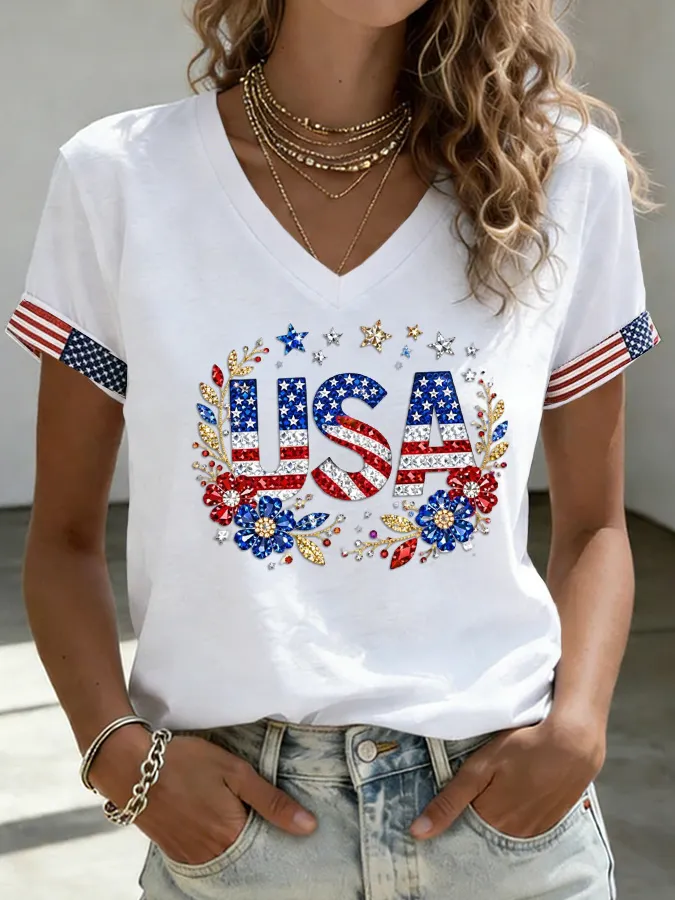 Women's Flower Independence Day Printed Casual T-shirt