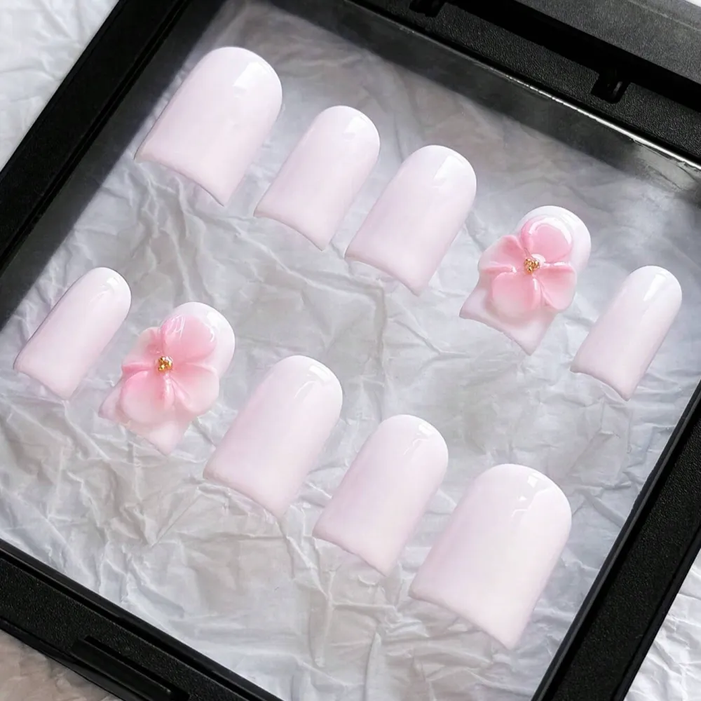 Nailhour 10Pcs Handmade Short Square Y2K Style Pink Flower Press On Nails