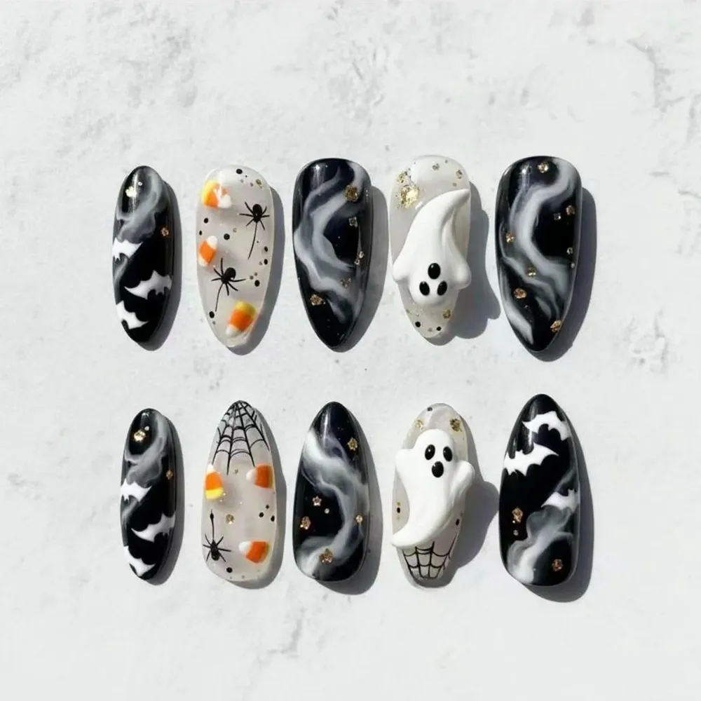 Nailhour 30Pcs Gilded Medium Almond 3D Halloween Holiday Press On Nails