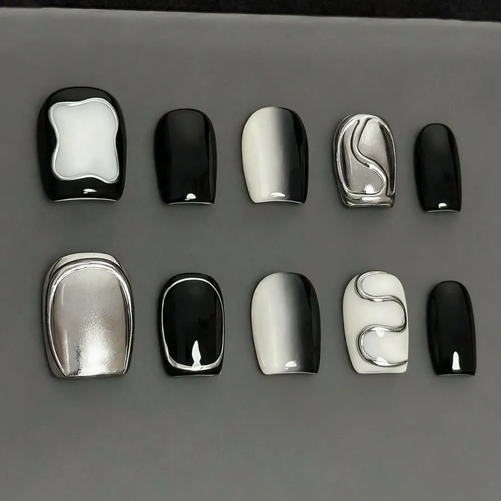 Nailhour 30Pcs 3D Handmade Black Short Square Press On Nails