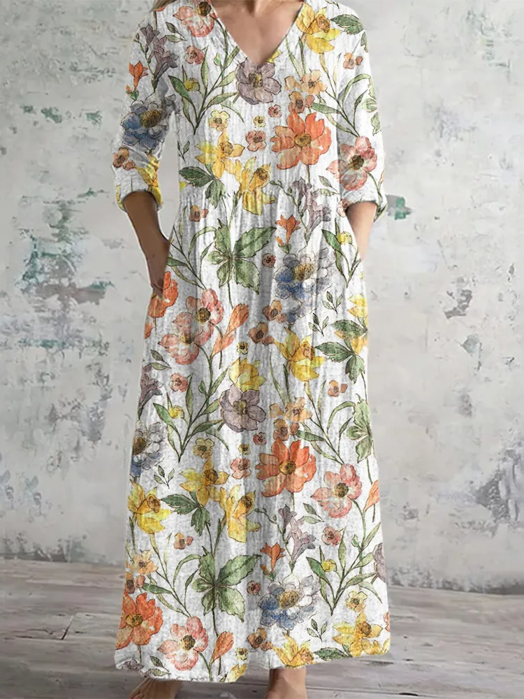 Colorful Floral Print Long-Sleeve Dress