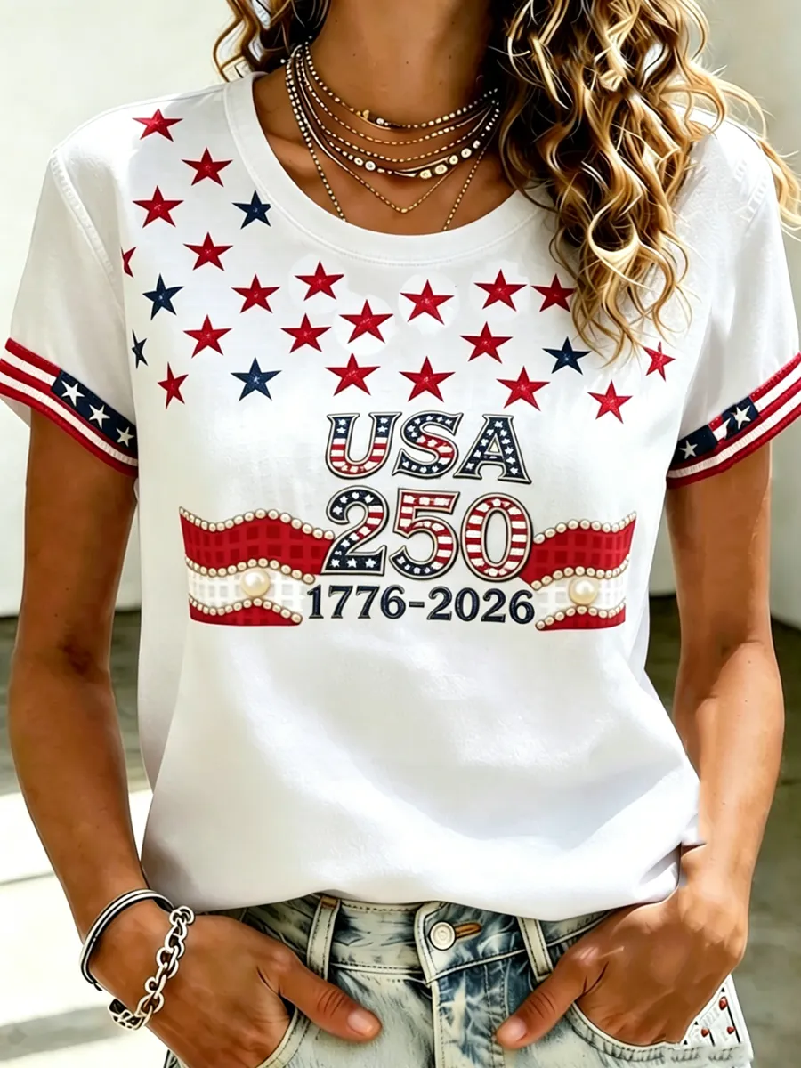 Women's casual round neck Patriot printed T-shirt