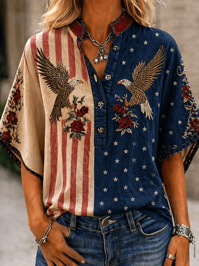 Women's Patriotic Casual Top: USA 250th Anniversary Flag, Eagle, and Rose Design