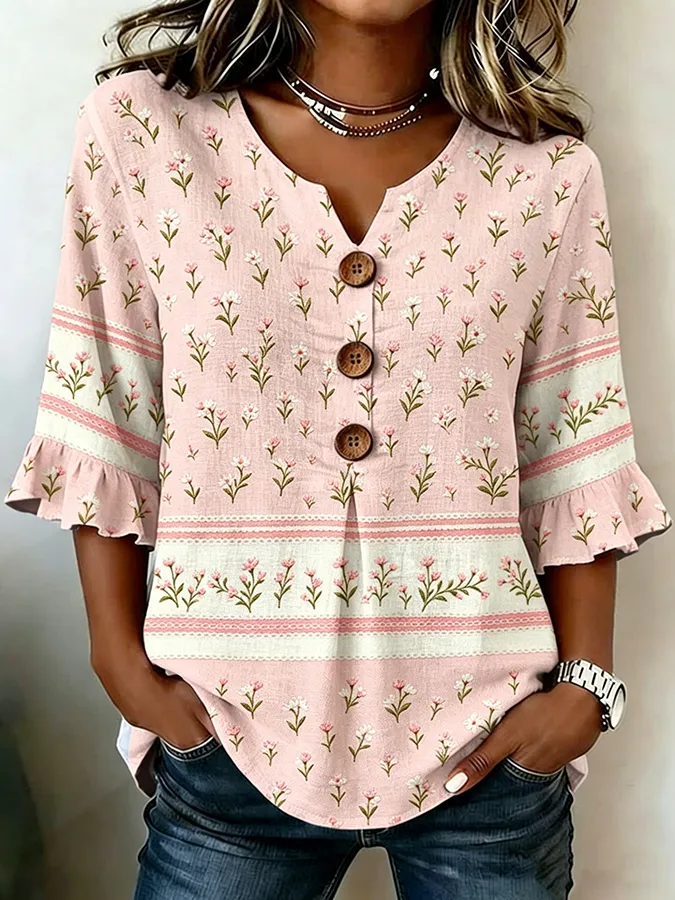 Women's Casual Retro Floral Cotton Linen Shirt