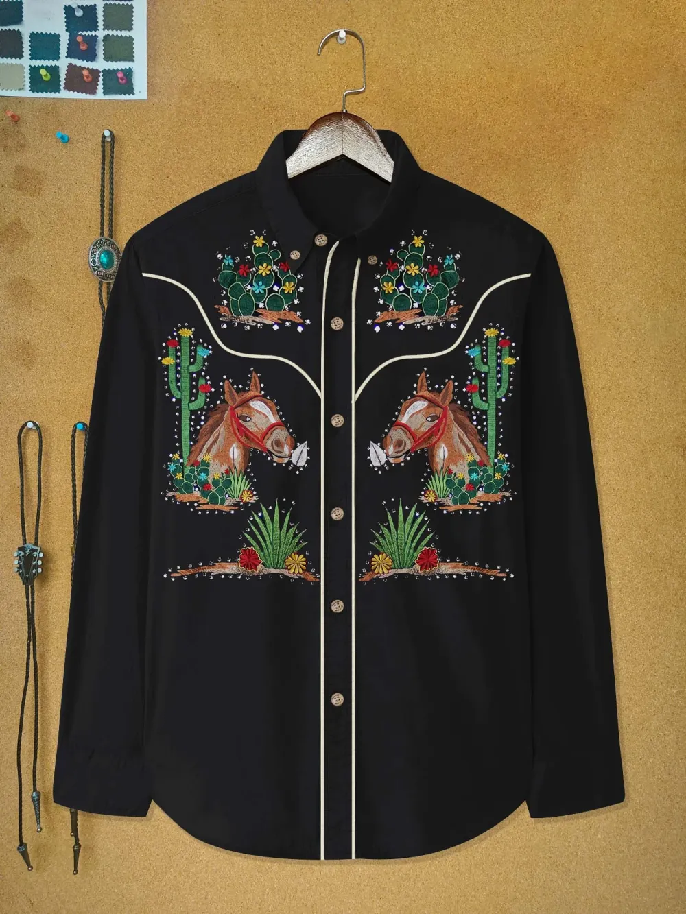 Western Cactus And Horse - 100% Cotton Long Sleeves Shirt