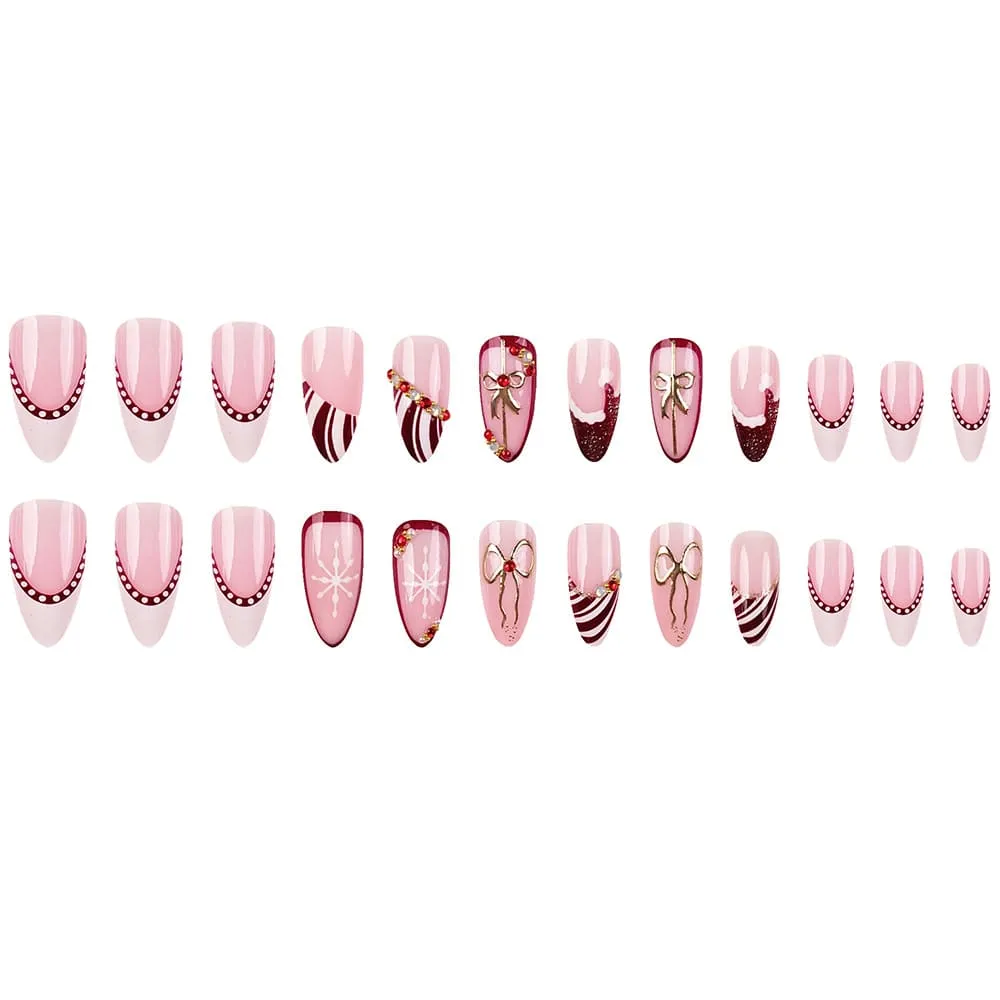 Nailhour 24Pcs Snowman 3D Medium Almond Christmas French Press On Nails