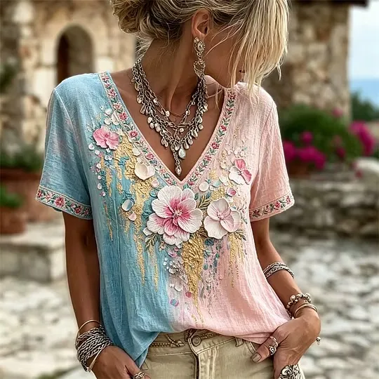 Vintage Pink Flower Gradient Cotton Linen Flower Print V-Neck Top