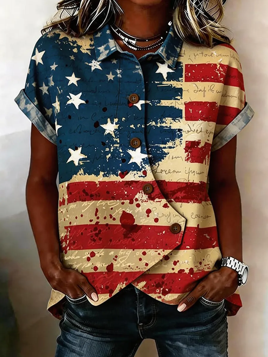 Women'S American Flag Art Commemorative Art Print Shirt