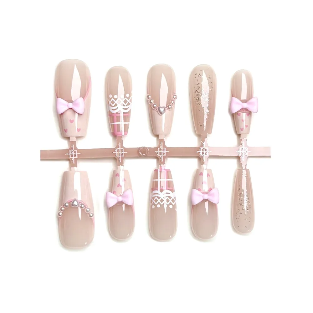 Nailhour 30Pcs Coffin Bow Pearl French Date Cute Pick Princess Press On Nails
