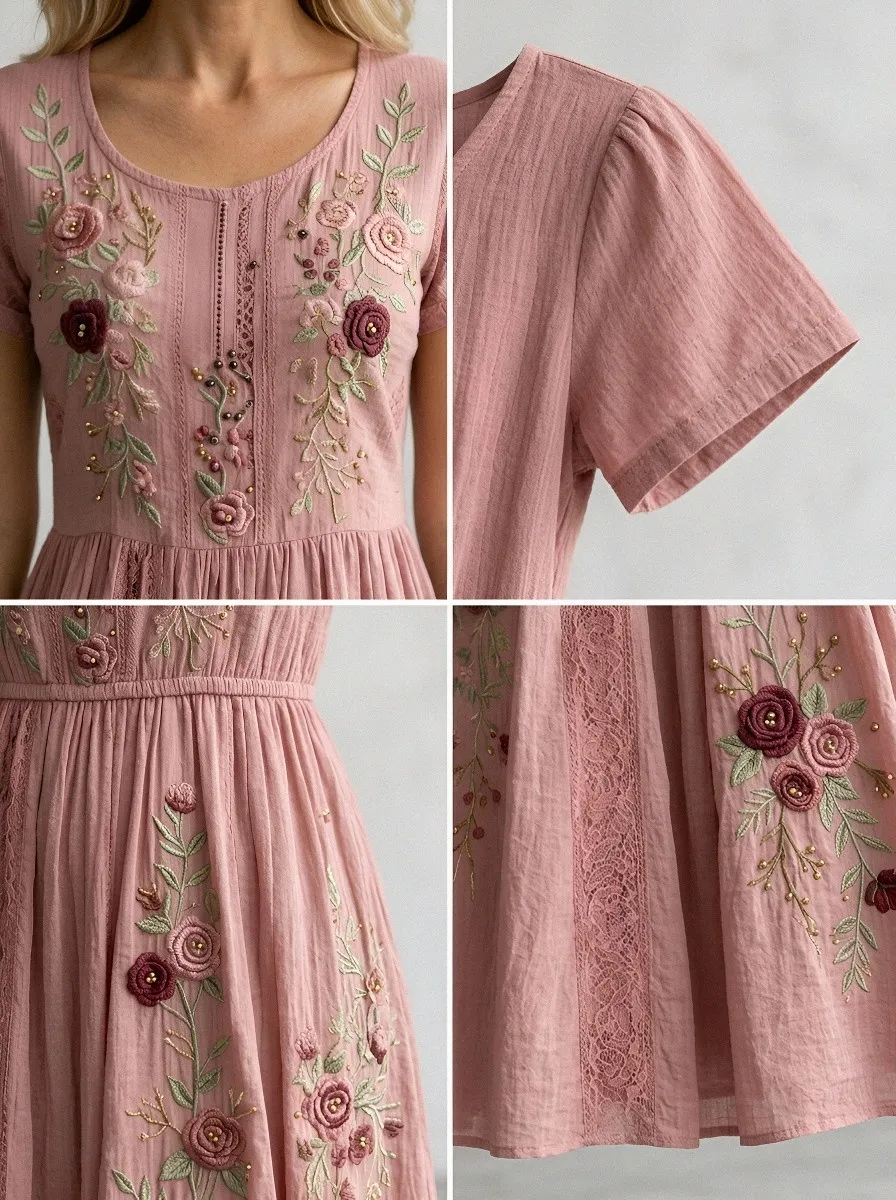 Women's Breast Cancer Awareness Floral Embroidered Printed Dress