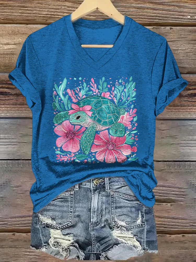 Women's Sea Turtles Short Sleeves V-Neck Pure Cotton T-Shirt
