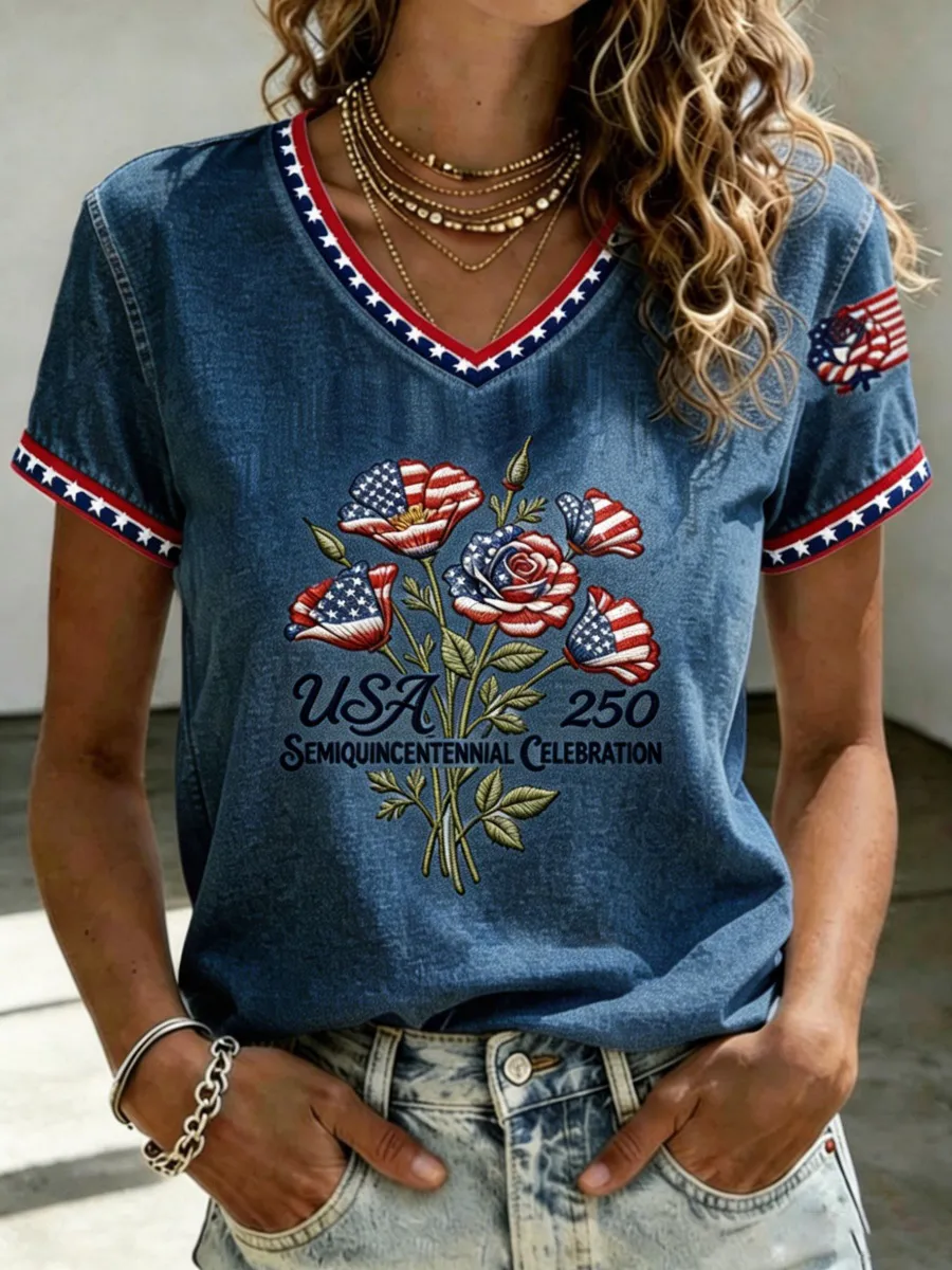 U.S. 250th Anniversary Rose Art Women's V-Neck T-Shirt