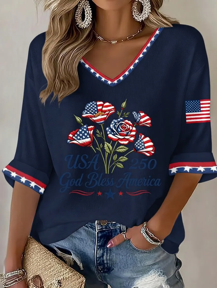 Women'S Retro Independence Day Art Printed Casual T-Shirt