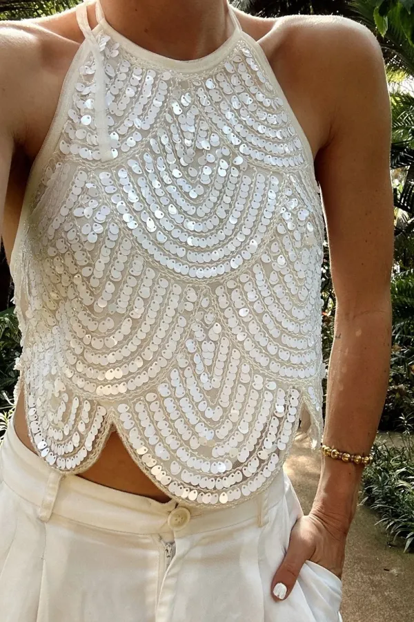 White Sequin Halter Tie Top