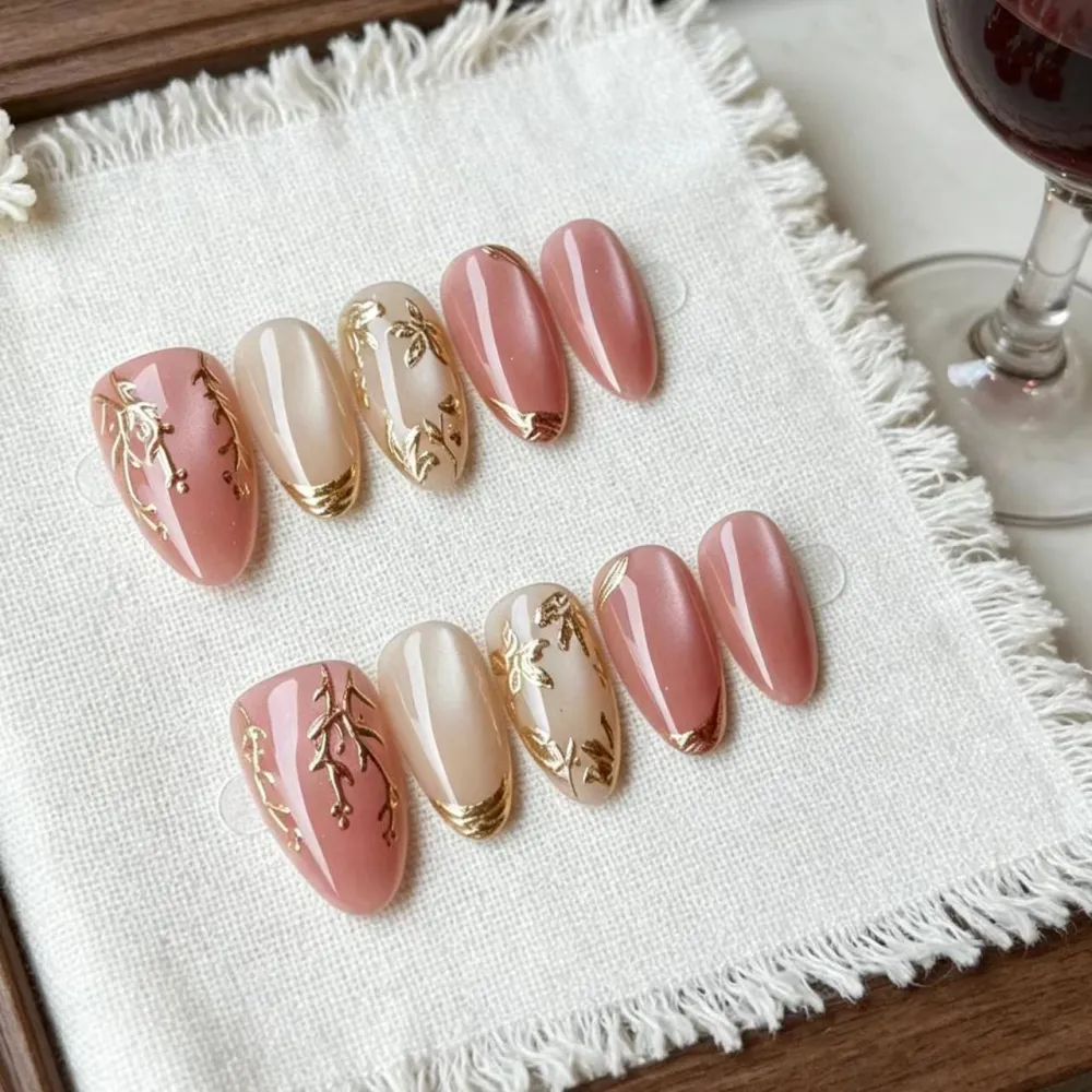 Nailhour 30Pcs Gilded Nude Medium Almond French Press On Nails